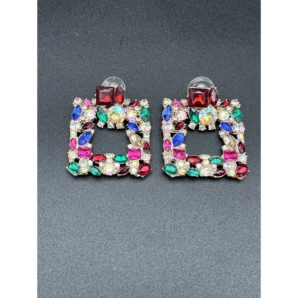 Square Metal Hollowed-Out Hanging Colorful Crystals Dangle Drop Earrings